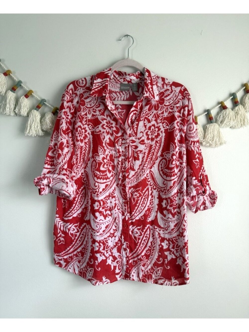 Chico’s Red Paisley Button Front Roll Tab Sleeve Lightweight Top Peasant Beachy